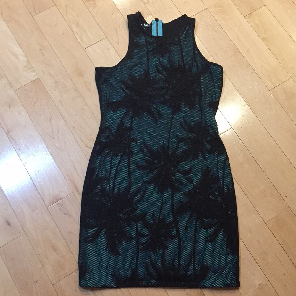 Black and turquoise palm tree bodycon dress
